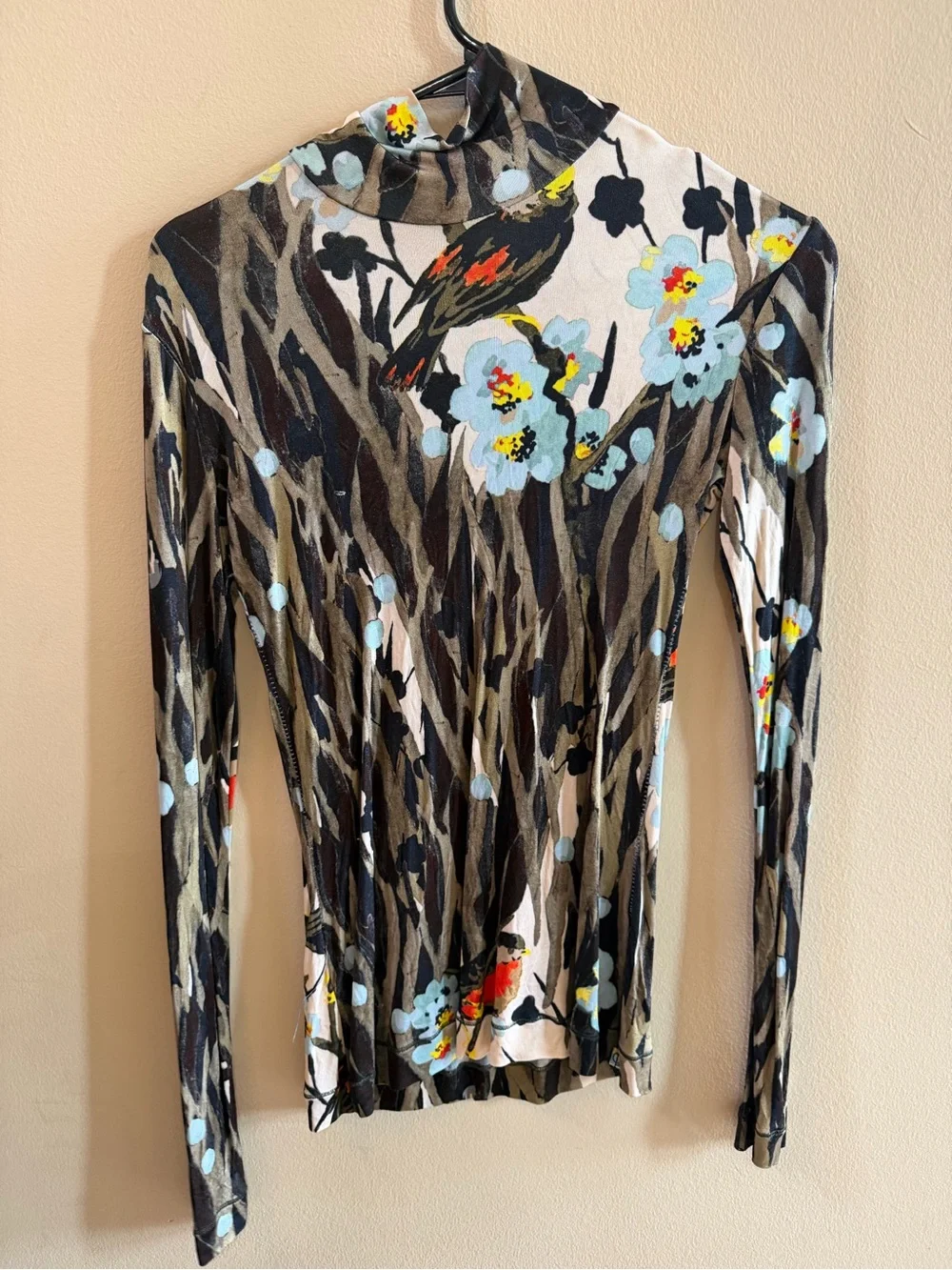 Paul Smith Black Long-Sleeve Top with Floral & Bird Print